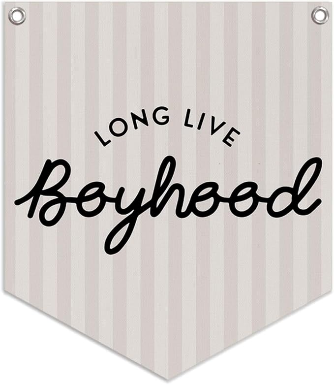 Lacama Long Live Boyhood Linen Banner,Vintage Boy Room Toddler Decor,Boy Bedroom Wall Hanging Banner Pennant Flag Decor for Nursery Playroom,12.4x14 in(Neutral Stripe)