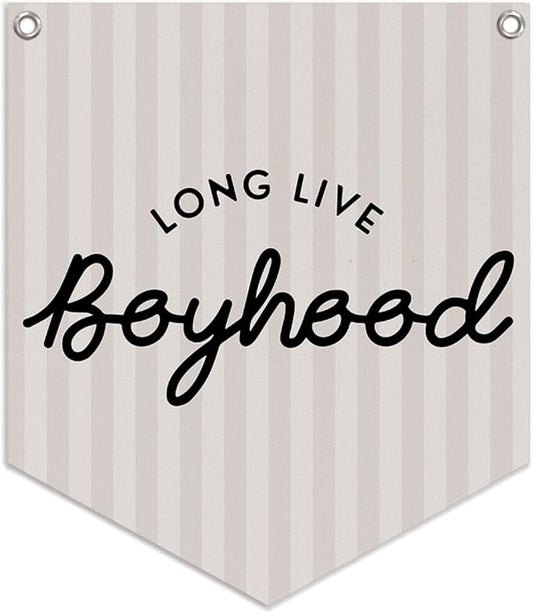 Lacama Long Live Boyhood Linen Banner,Vintage Boy Room Toddler Decor,Boy Bedroom Wall Hanging Banner Pennant Flag Decor for Nursery Playroom,12.4x14 in(Neutral Stripe)