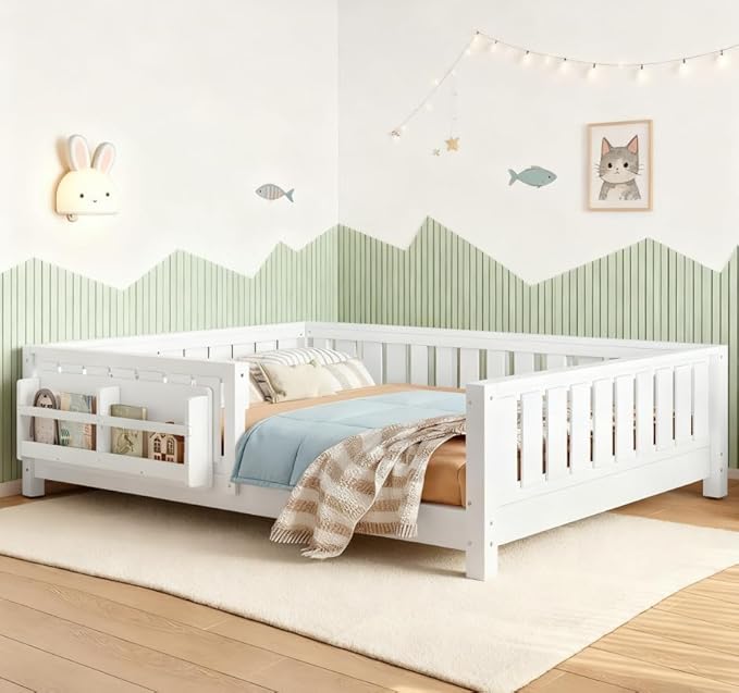 Bellemave Full Size Floor Bed with high Rails and with Built-in Bookshelf for Kids, Girls, Boys, Wood Montessori Floor Bed Without Door, White