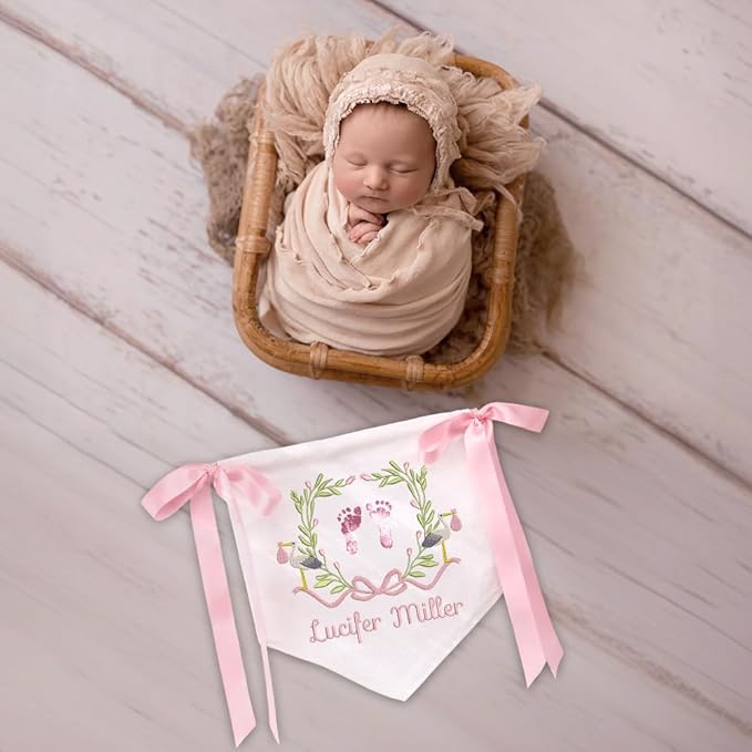 EMBROIDERED Name Baby Banner, Baby Flag with Monogram Name, Personalized Baby Name Sign, Customizable Baby Name, Baby Announcement Sign for Hospital (05 - footprint)