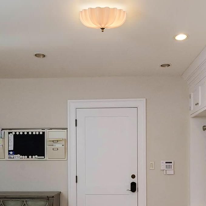 Gold Ceiling Light Fixture Brass Bedroom Flush Mount Ceiling Light Modern Gold for Entryway Bathroom Living Room Milky Glass Flower Scalloped Shade