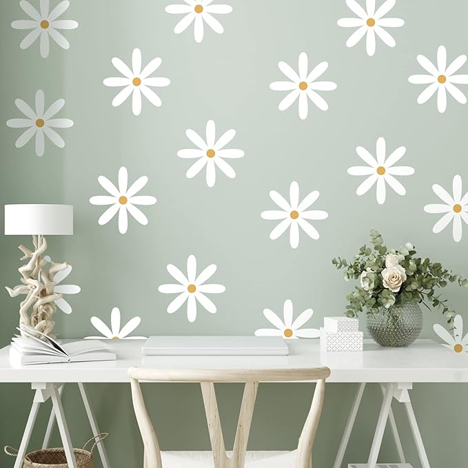 TaoBary 12 Sheets Daisy Wall Decal Flower Wall Sticker Cute Daisy Sticker Pink White Flower Decal Peel and Stick Floral Wallpaper for Nursery Bedroom Home Decor(White, Yellow,Fresh Style)