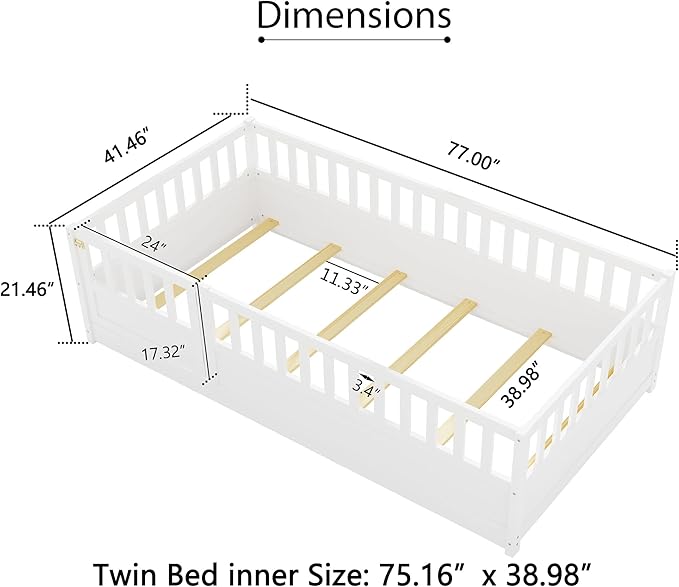 Bellemave Twin Floor Bed with Slats and High Fence, Twin Size Montessori Floor Beds with Door, No Box Spring Needed, Easy Assemble Montessori Bed Frame(White Twin)