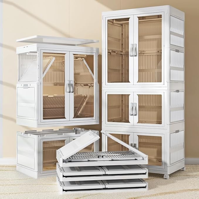 Kids Wardrobe Closet, 4Tiers Portable Foldable Children’s Clothes Organizer with Wheels Cabinet Toddler Dresser Storage Organizer with Hanging Rod & 6 Hangers for Kids Bedroom or Nursery