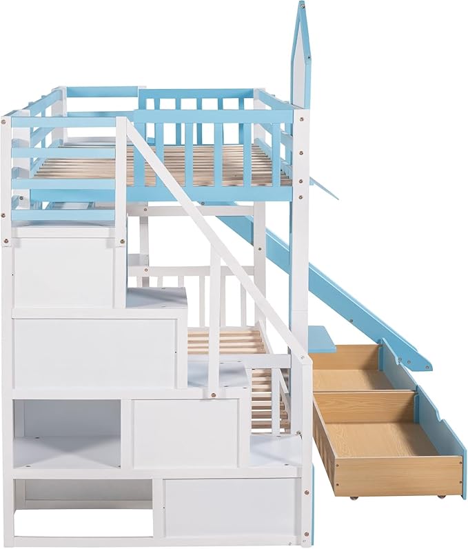 MERITLINE Twin Over Twin Castle Bunk Bed with Slide,Stairs and Drawers,Solid Wood Floor House Princess Bunk Bed with Storage Shelves (Blue)