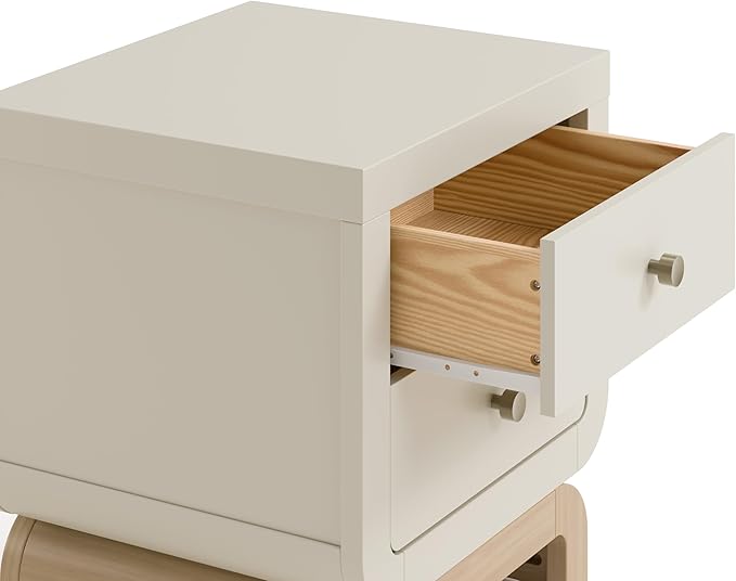 Storkcraft Santorini 2 Drawer Nightstand (Frosted Oat & Driftwood) - GREENGUARD Gold Certified Nightstand for Kids Bedroom, Premium Wood with Curved Base, “Champagne” Metal Knobs