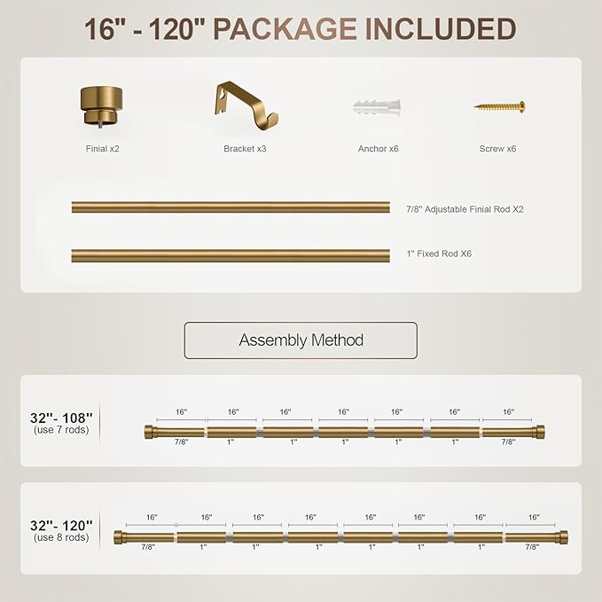 Brass Curtain Rods for Windows 66 to 120 Adjustable Modern Gold Curtain Rod 1 inch Diameter Heavy Duty with Solid Metal Finials for Living Room Bedroom Farmhouse Outdoor Patio