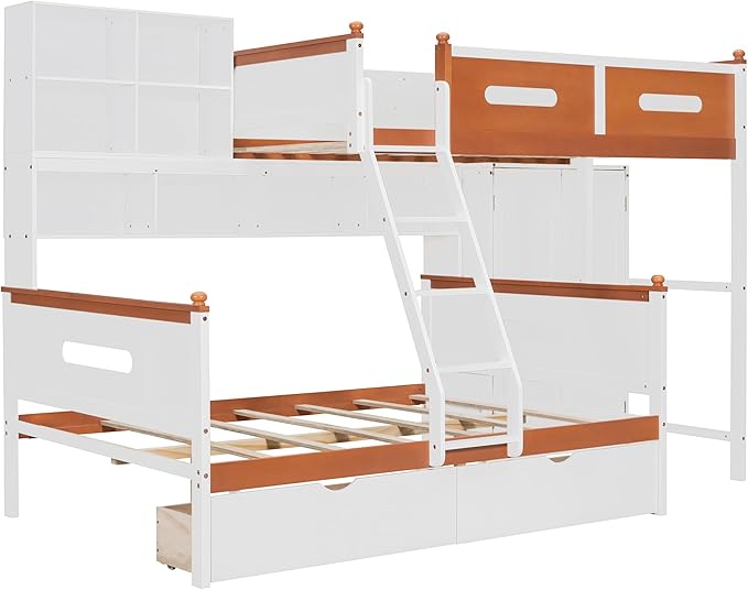 Twin Over Full Bunk Bed with Wardrobe and Drawers, Wooden Bunk Bed with Shelves and Cabinet for Kids Teens Adult Bedroom, Space Saving Design