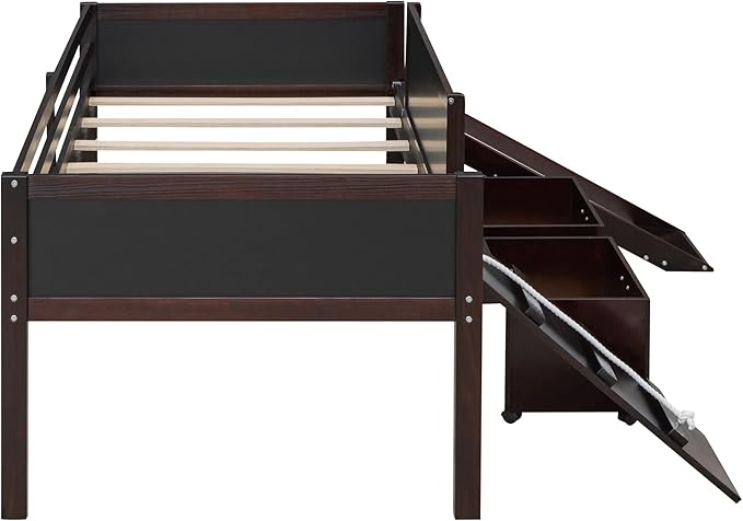 Play Fun Design Twin Size Loft Bed with Slide and Rope Climbing Ladder for Kids Boys Girls, Solid Wood Loft Bed Frame with 2 Storage Boxes and Double-sided Chalkboard, Sturdy Slat Support (Espresso-2)