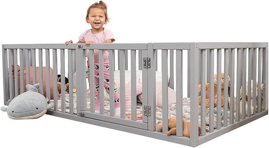 BUSY WOOD Montessori Floor Bed - Wooden Bedframe - Small, Twin, Full, Queen, King Size Sleeping Place- Toddler Bed Frame - Montessori Bed with Rails (Model 6.2)