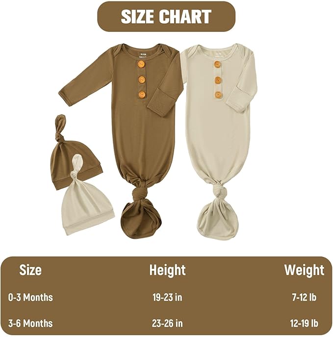 OPAWO Knotted Gown Baby Newborn Sleepers Baby Boy Coming Home Outfit, Bamboo Viscose Baby Gowns with Mitten Cuffs and Hat Set