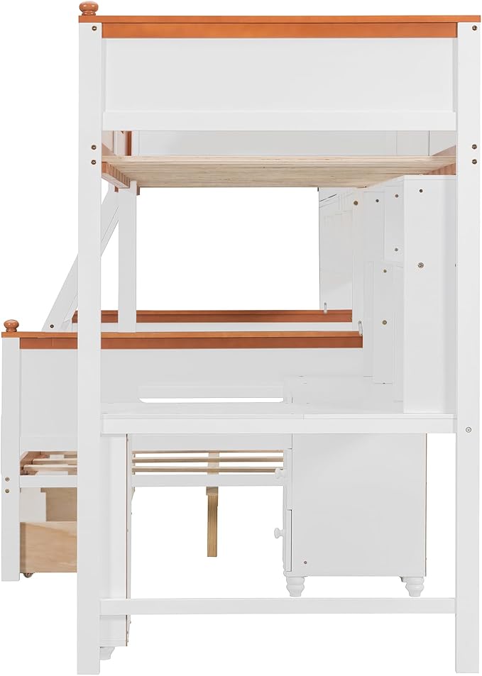 Twin Over Full Bunk Bed with Desk and Drawers, Wooden Bunk Bed with Shelves and Cabinet for Kids Teens Adult Bedroom, Space Saving Design
