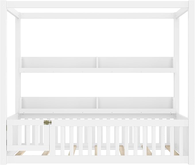 Bellemave Twin Canopy Bed with Rails and Slats,Wooden Floor Bed with Bookcase and 4 Poster Design,Montessori Floor Bed Frame,No Spring Box Needed（Twin,White）