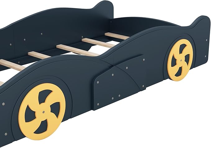 Twin Size Race Car-Shaped Platform Bed with Wheels and Storage,Kids Twin Bed Frame W/Guardrails,Race Car Bed for Boys Toddlers Kids,Child's Bedroom,Dark Blue+Yellow