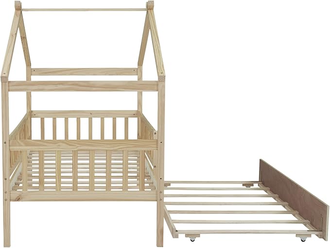 Merax Twin Size Wooden House Bed with Twin Size Trundle, Wood Bed Frame with Roof and Safety Guardrail for Kids, Teens, Boys or Girls, Natural