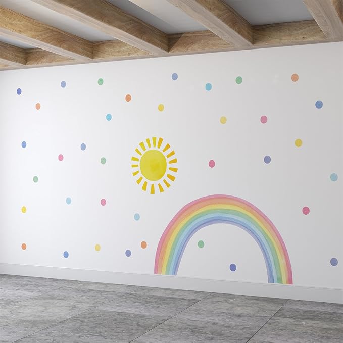 Watercolor Rainbow, Sun, Polka Dots Wall Decal for Kids Room, Nursery, Baby Room Decor, Polka Dots Mural, Rainbow Wallpaper (Rainbow-Sun-Polkadots, Medium)