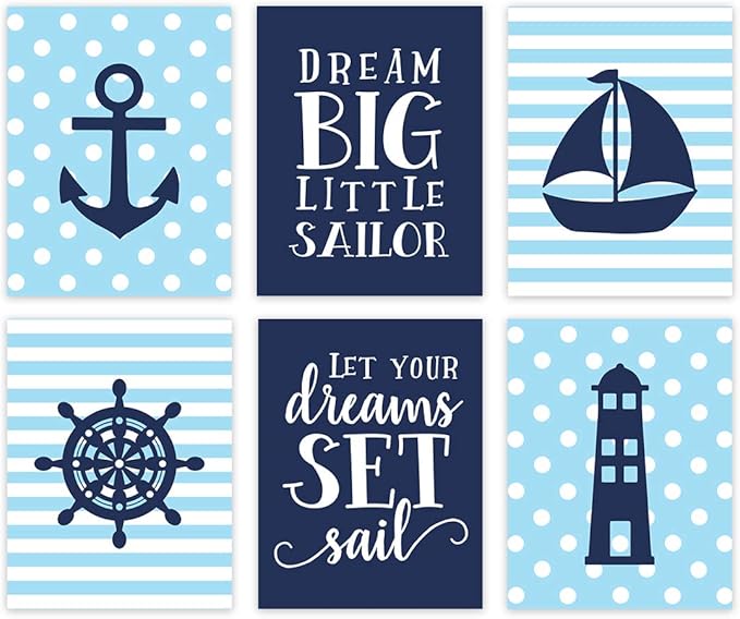 Andaz Press Ocean Nautical Sailor Theme Nursery Kids Bedroom Hanging Wall Art Decor, 8.5x11-inch, Baby Blue Stripes Dots, Dream Big, Let Your Dreams Set Sail, 6-Pack, Unframed Room Poster