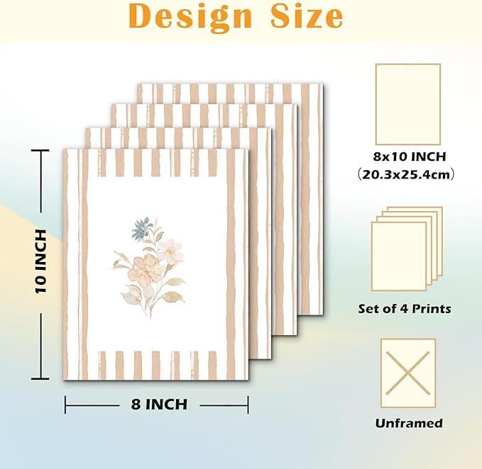 JINYO Neutral Rustic Floral Wall Art Prints Set of 4, Floral Room Decor, Beige and White Striped Cottagecore Flower Posters Pictures Wall Decor for Home Bedroom Living Room, 8x10 Unframed