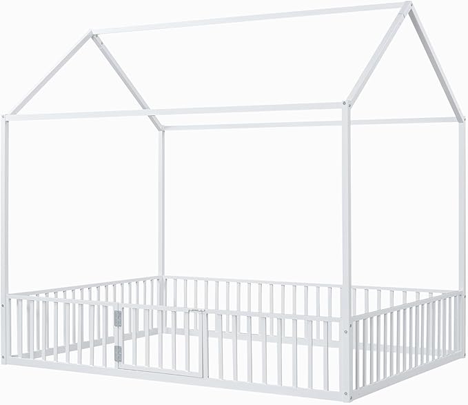 Bellemave Full Size House Bed for Kids, Montessori Floor Bed with Door, Metal House Bed with Door, Floor Bed for Kids, Montessori Floor Bed with Fence, White