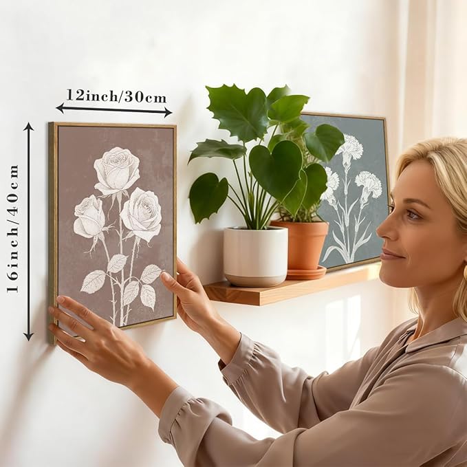 BINCUE Neutral Floral Canvas Wall Art Framed Boho Flower Painting Print 12" Lx16 W 3 Piece