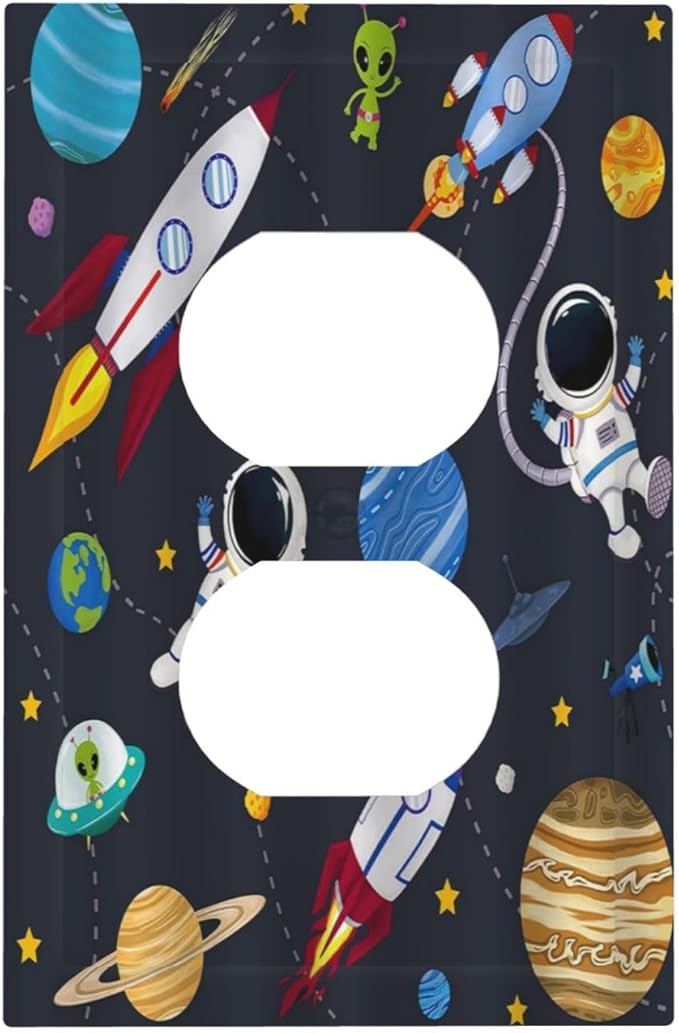 Rocket Planets Astronaut Blue Decorative 1 Gang Single Duplex Light Switch Plate Outlet Cover Decorative Wall Plate Switchplate Electrical Faceplate for Nursery Kidsroom Bedroom Decor