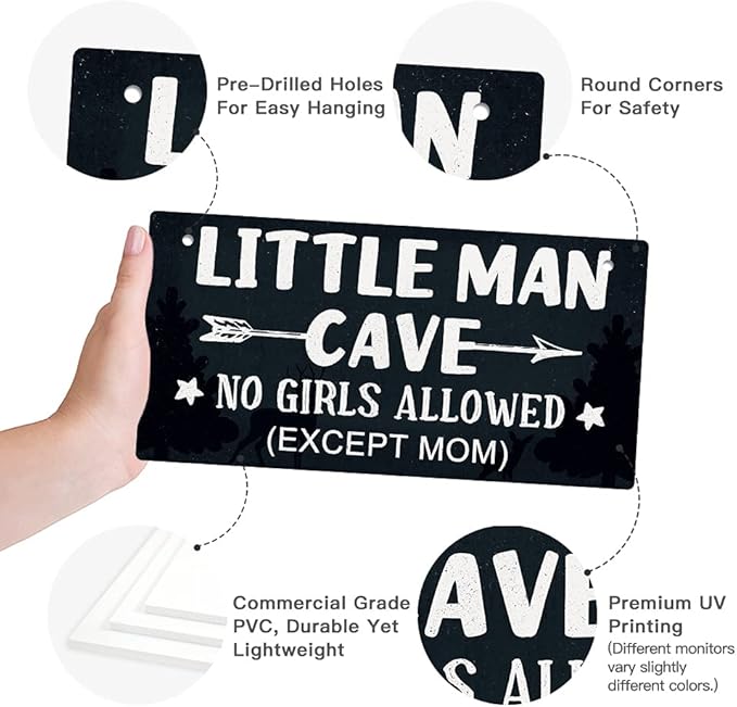 Putuo Decor Little Man Cave Sign, Boys Room Wall Decor for Kids, Toddler Boys, Baby, 10x5 Inches PVC Hanging Plaque Gift (No Girls Allowed Except Mom - 2)