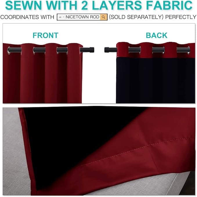 NICETOWN Cold Blocking 100% Blackout Curtains, Durable and Soft Black Lined Blackout Drapes, Energy Saving Long Panels for Patio Sliding Glass Door, Burgundy, 70-inch x 108 inches, 2 PCs
