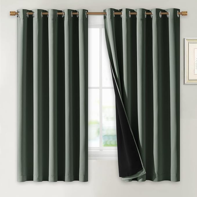NICETOWN Dark Mallard 100% Blackout Lined Curtains, 2 Thick Layers Completely Blackout Window Treatment Thermal Insulated Drapes for Kitchen/Bedroom (1 Pair, 70" Width x 63" Length Each Panel)
