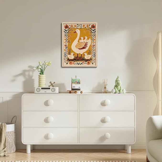 KISSFOX Framed Wall Art Nursery Wall Decor Yellow Duck Pictures Kids Cute Animal Canvas Art Boho Floral Paintings Artwork For Children Boys Girls Room Family Room