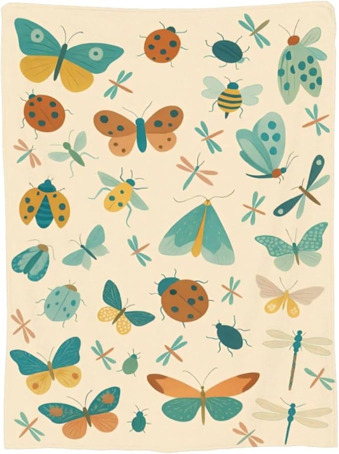 Bugs Insects Throw Blanket Moth Beetle Dragonfly Blanket Soft Cozy Fleece Fuzzy Plush Warm Stuff Bedding Bugs Blankets Gift for Boys Girls Kids Adult Men Women 60"X80"