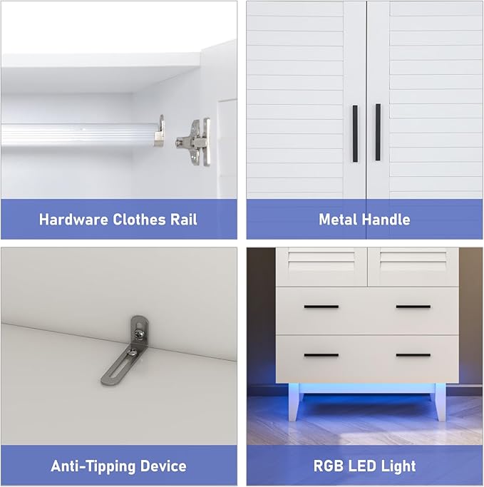 2 Door Armoire Wardrobe Closet Cabinet with Mirror, Drawers and LED Lights, Multi-Tier Shelves, Hanging Rod & 2 Louver Doors, Large Capacity Storage Wardrobe Armoire for Bedroom, White