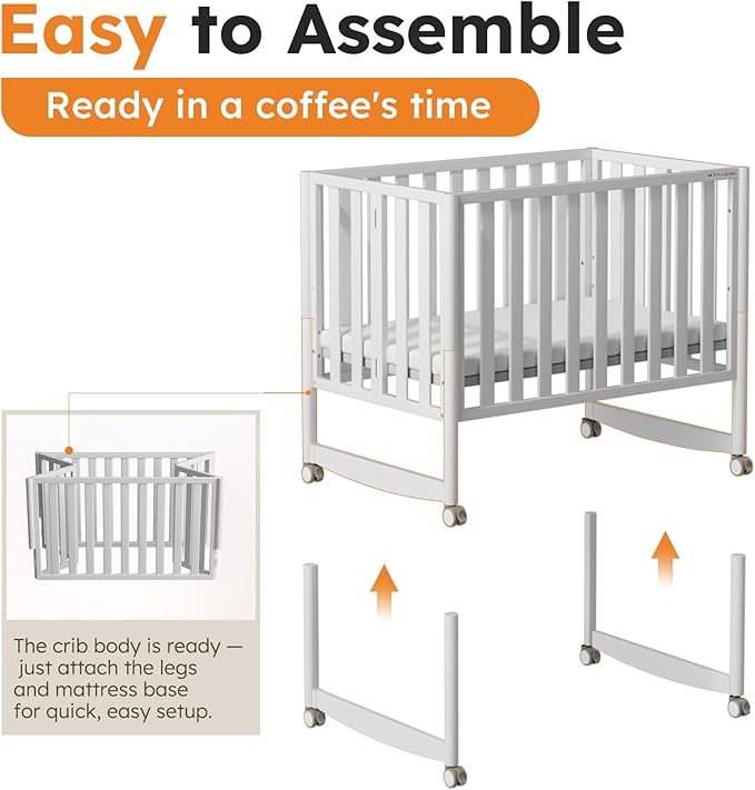 MAMAZING EvoNook 6-in-1 Convertible Mini Crib, 100% New Zealand Solid Wood, 4 Adjustable Mattress Heights, Crib with Mattress, GREENGUARD Gold Certified,White
