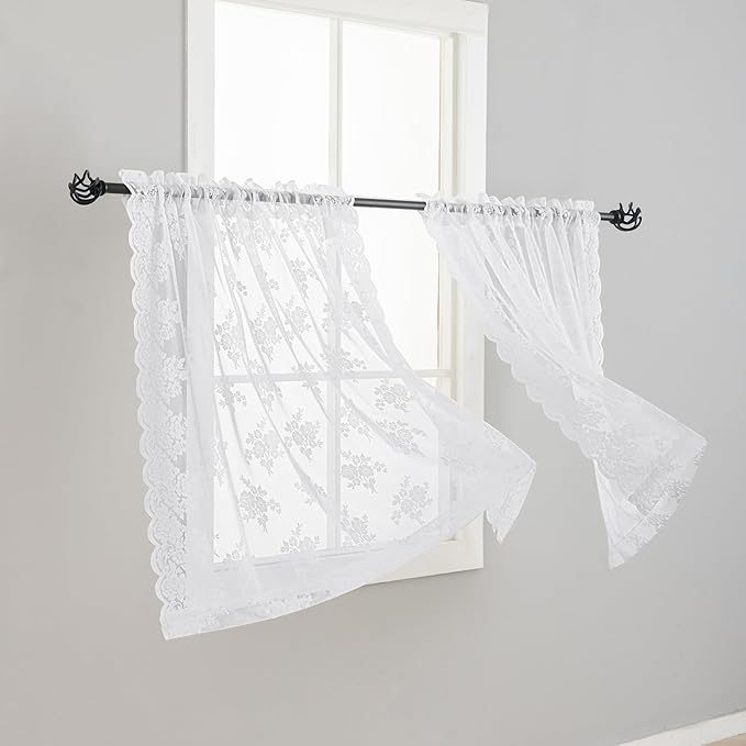Kotile White Lace Curtains 36 Inch Length 2 Panels, Country Rustic Floral Short Lace Curtains for Kitchen Window, Rod Pocket Privacy Lace Cafe Curtains, 42 x 36 Inch Each, 1 Pair, White