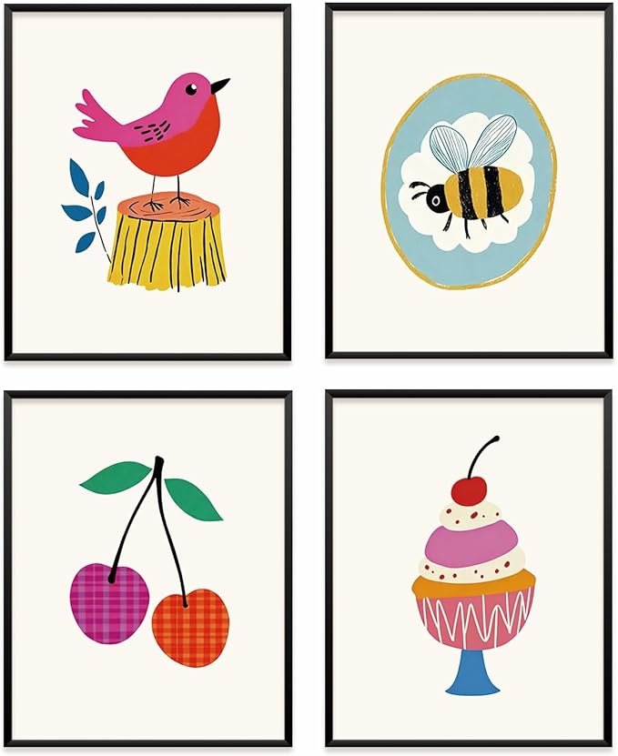 VONTP Kids Classroom Wall Art Decor, Eclectic Retro Bird Bee Cherry Cake Classroom Prints Poster Wall Decorations for Kids Nursery Toddler Girls Room Bedroom Playroom, 8x10 Inch Set of 4 (Unframed)