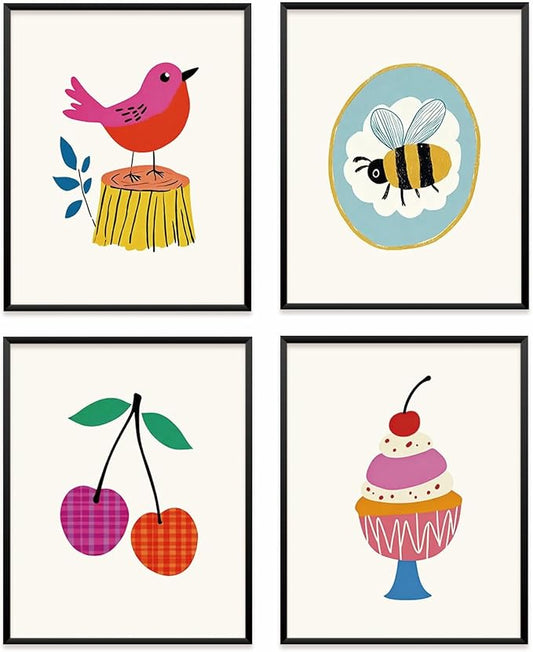 VONTP Kids Classroom Wall Art Decor, Eclectic Retro Bird Bee Cherry Cake Classroom Prints Poster Wall Decorations for Kids Nursery Toddler Girls Room Bedroom Playroom, 8x10 Inch Set of 4 (Unframed)
