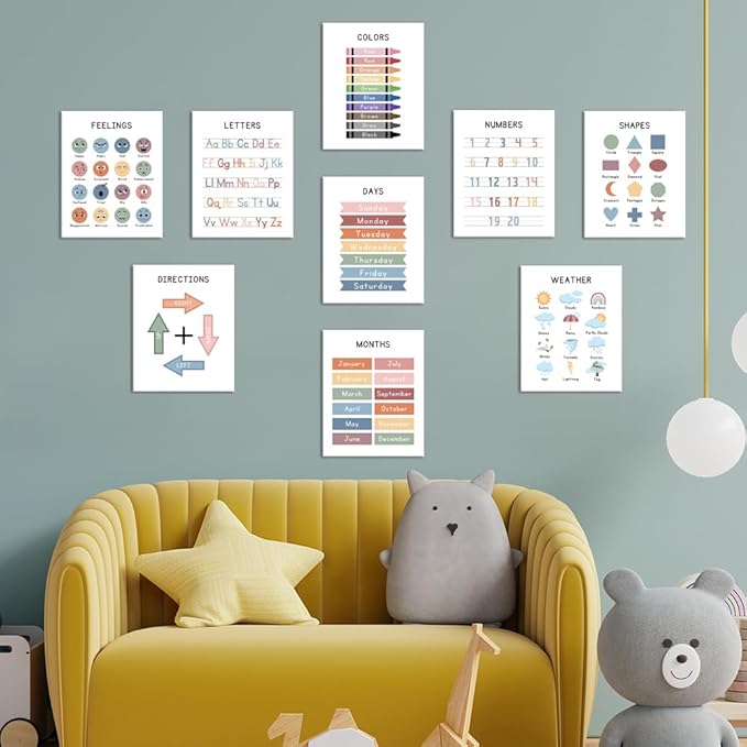 UNXIS Framed Alphabet Abc Chart Educational wall Posters For Toddlers1-3, Days Of The Week ForToddlers Learninghomeschool Supplies Preschool Classroom Must Haves (Set of 9 8 x10 inch Framed)