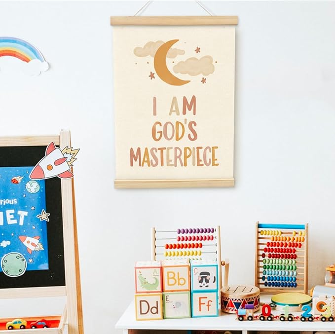 PLKMN Christian Nursery Wall Decor, I am God's Masterpiece Wall Art with Wooden Poster Hanger, Boho Moon Christian Wall Decor for Nursery Kids Room Sunday School Preschool Classroom, 12x16 Inch