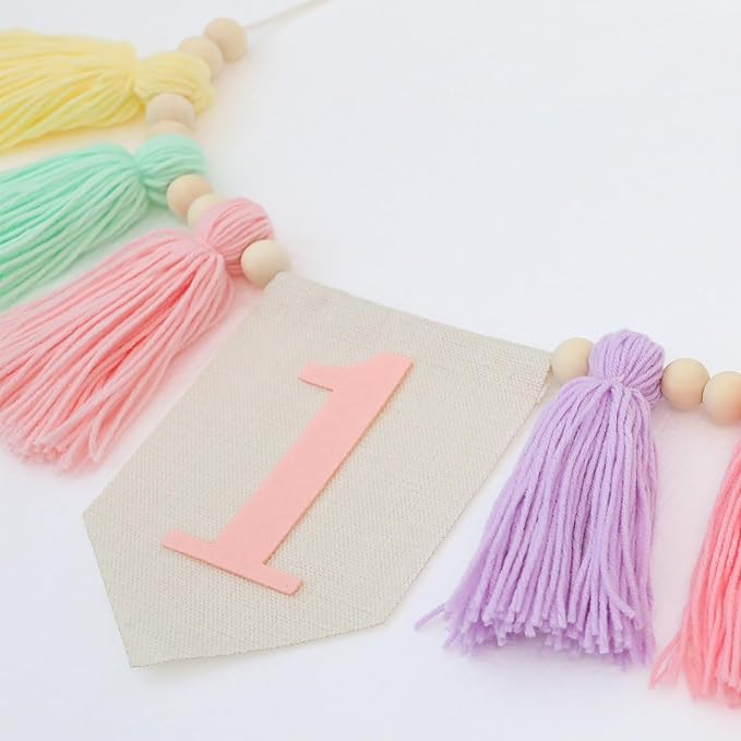 Boho Macaron Handmade 1st Birthday High Chair Banner First Highchair Banner For Baby Girls Wood Bead Tassel Garland 1 Birthday Party Decorations Princess Photoshoot Props Photo Props