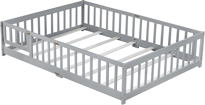 Full Size Floor Bed for Kids, Wood Montessori Floor Beds with Fence Railings, Door & Slats Support, Full Playhouse Bed Frame for Boys Girls, No Box Spring Needed, Gray