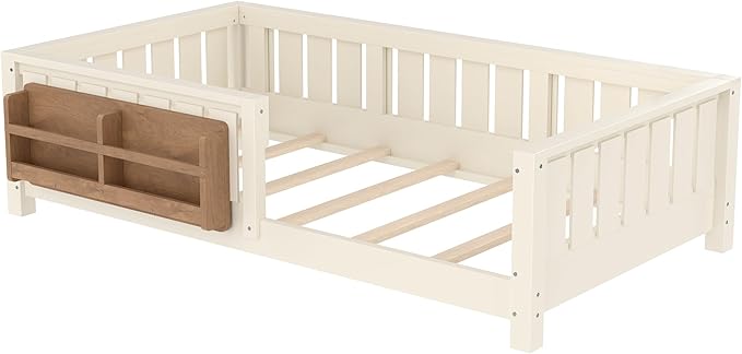 Bellemave Twin Floor Bed with Slats and Safety Guardrail, Twin Size Montessori Floor Bed with Fence and Built-in Bookshelf, Easy Assemble Montessori Beds for Kids, Girls, Boys, Beige