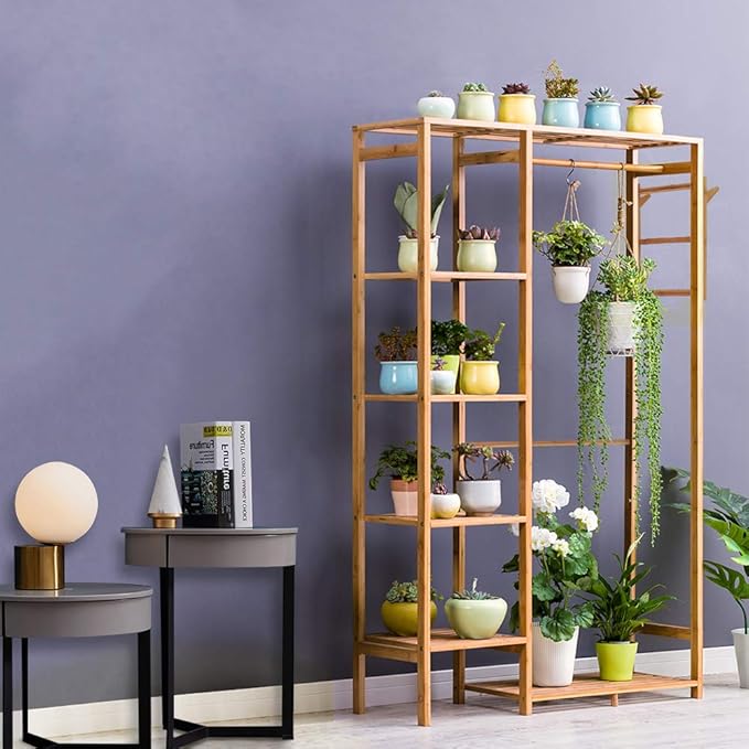 Ufine Bamboo Garment Rack 6 Tier Storage Shelves Clothes Hanging Stand with Side Hooks, Heavy Duty Clothing Rack Portable Wardrobe Closet Organizer