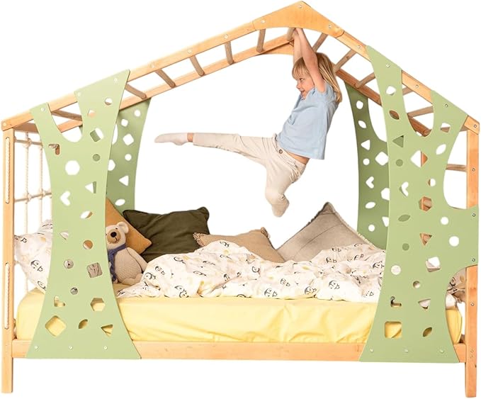 BUSYWOOD Montessori Bed for Toddlers - Kids Twin Bed - Wood Bed Frame - Kids Climbing Gym - Twin Bed Frames for Kids - Monkey Bed with Legs and Slats
