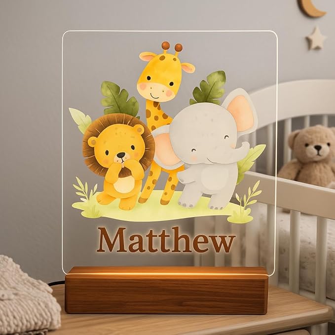 Personalized Led Night Light Name for Kids, Custom Cute Forest Animals with Wooden Base Bedroom Decor, Personalized Baby Gifts for Girls Boys Nursery