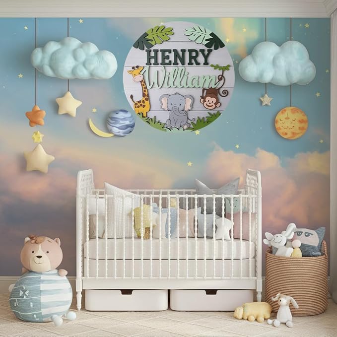 Personalized Nursery Name Sign for Boys, Animals Sign for Baby Door Decor, Newborn Gifts for Boy, Nursery Wall Bedroom Decorations, Mother's Day Gifts for New Mom Dad Gift