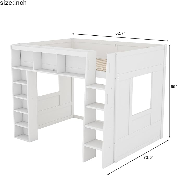 Playhouse Design Queen Size Loft Bed with Built-in Storage Shelves and 2 Windows, Solid Wood Loft Bed Frame with Safety Guardrail for Kids Teens Boys Girls, Space-Saving (White-12.9)