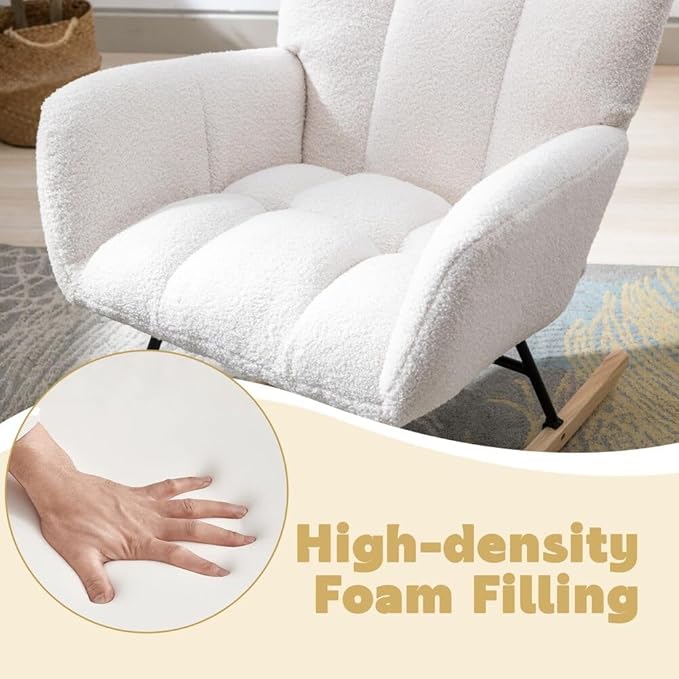 Nursery Rocking Chair Teddy Upholstered Glider Rocker Rocking Accent Chair with High Backrest Armchair Comfy Side Chair for Living Room, Bedroom, Offices (White)