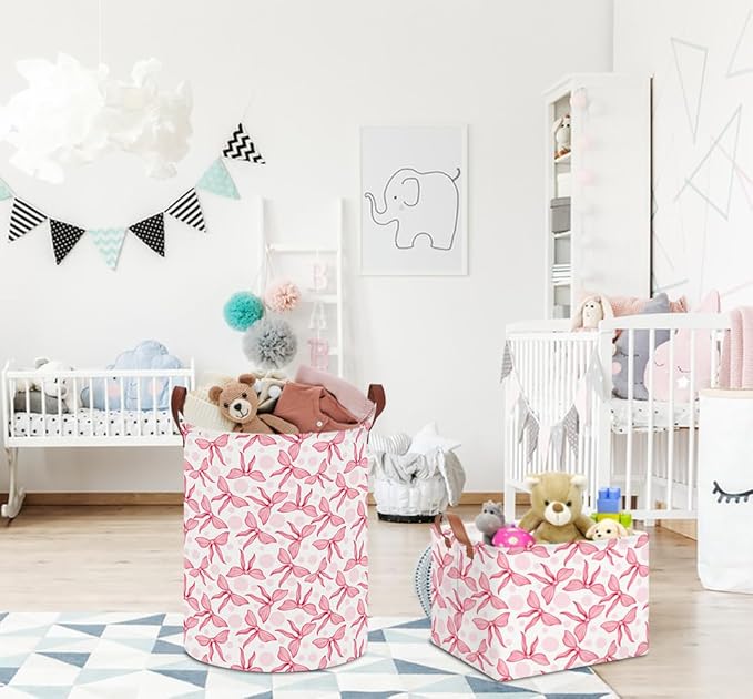 Laundry Hamper,Laundry Basket,Baby Nursery Hamper,Waterproof Storage Bin,Clothes Organizer Basket,Room Decor(Pink Bowknot)