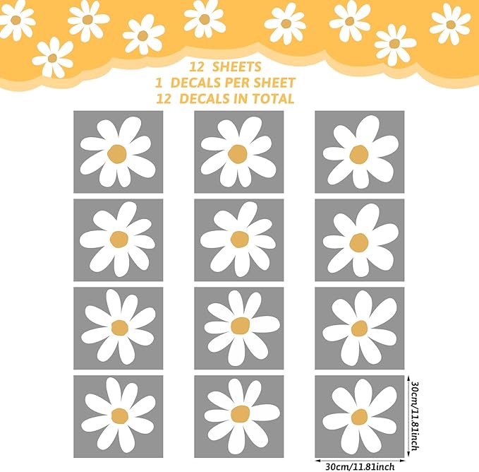 TaoBary 12 Sheets Daisy Wall Decal Flower Wall Sticker Cute Daisy Sticker Pink White Flower Decal Peel and Stick Floral Wallpaper for Nursery Bedroom Home Decor(White, Yellow,Vintage Style)