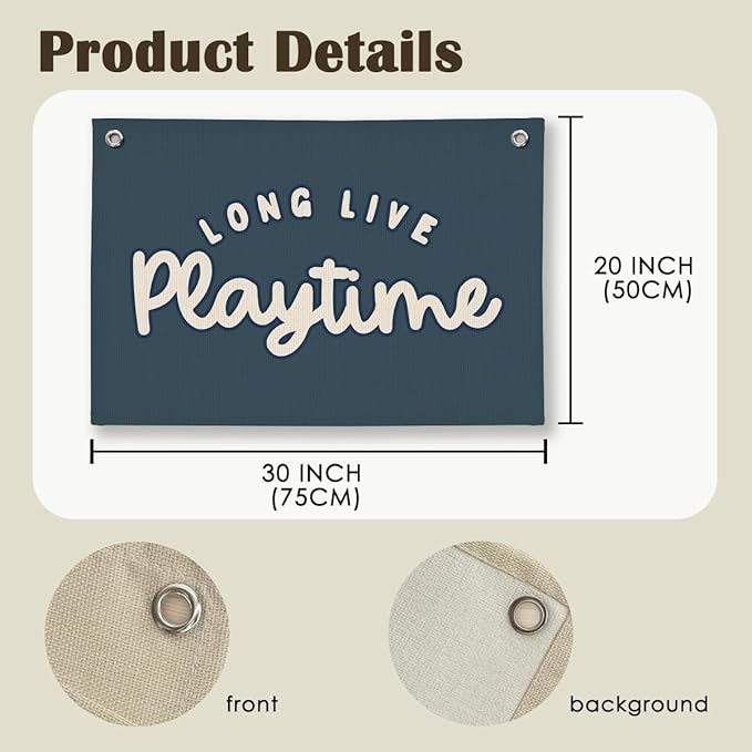 Playroom Decor for Boy, Long Live Playtime Wall Hanging Linen Banner, Blue Striped Wall Flag for Kids Room Nursery Playroom Decor, 20x30 Inch-Navy Blue