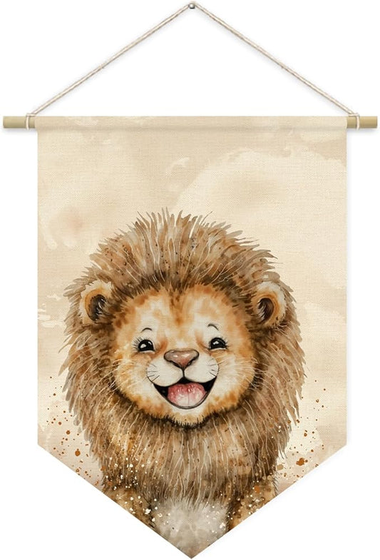 Safari Nursery Decor, Baby Lion Cute Wall Art,Kids room Canvas Banner, Woodland Nursery Decor, Watercolor Animal Lion for Living Room Bedroom Kids Room, Hanging Pennant Flag Banner 15x11in